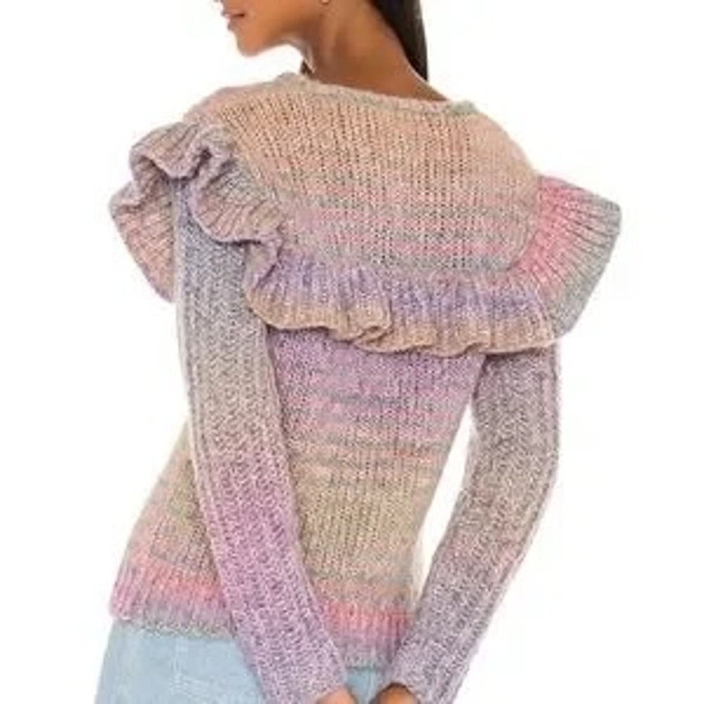 LoveShackFancy Yumi Pastel Rainbow Ruffle Space Dye Knit Sweater Pink Purple - Picture 7 of 13